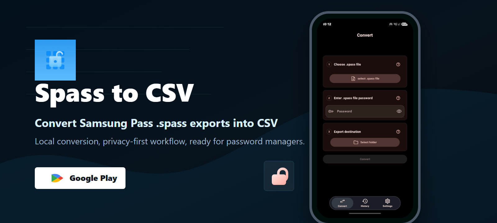 Spass to CSV Google Play feature graphic