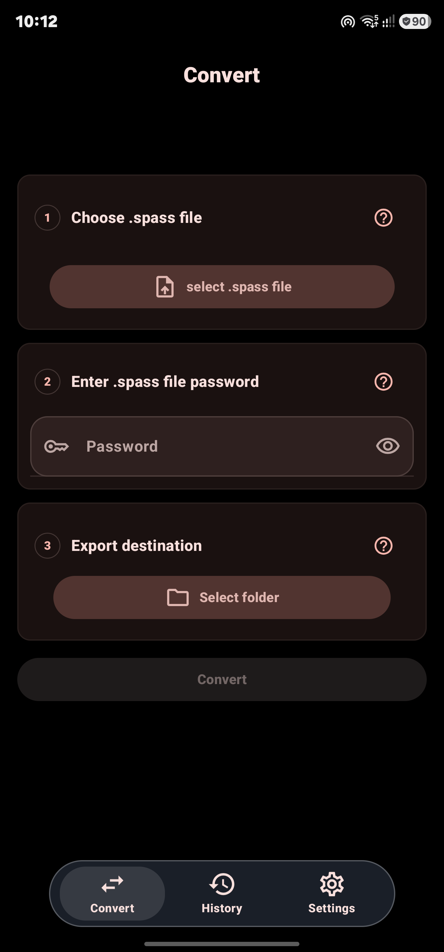 Convert screen with file, password, and destination steps