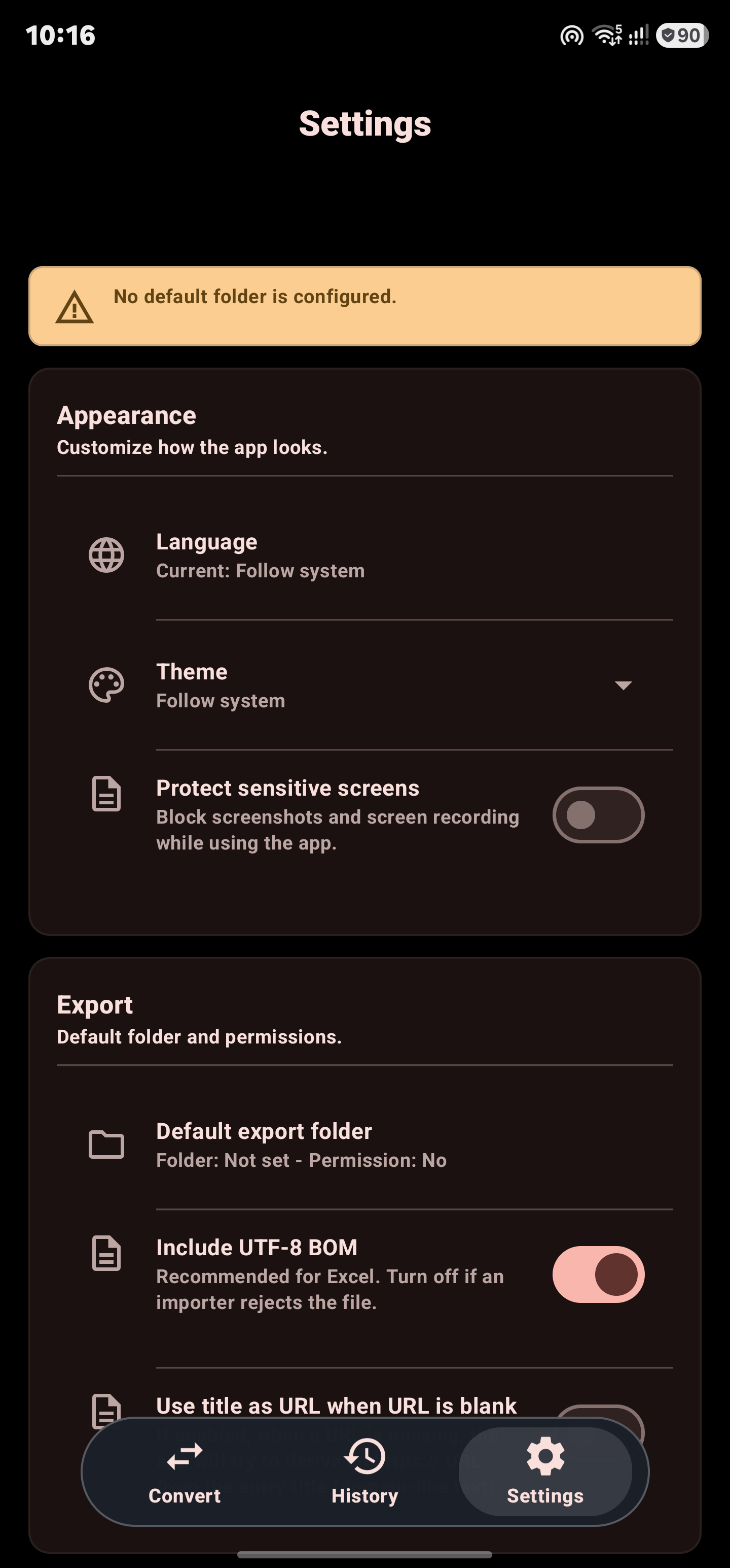 Settings screen with language, theme, security, and export options